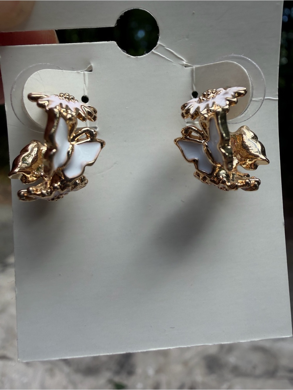 Gold and Pink Floral White Butterfly Hoop Earrings